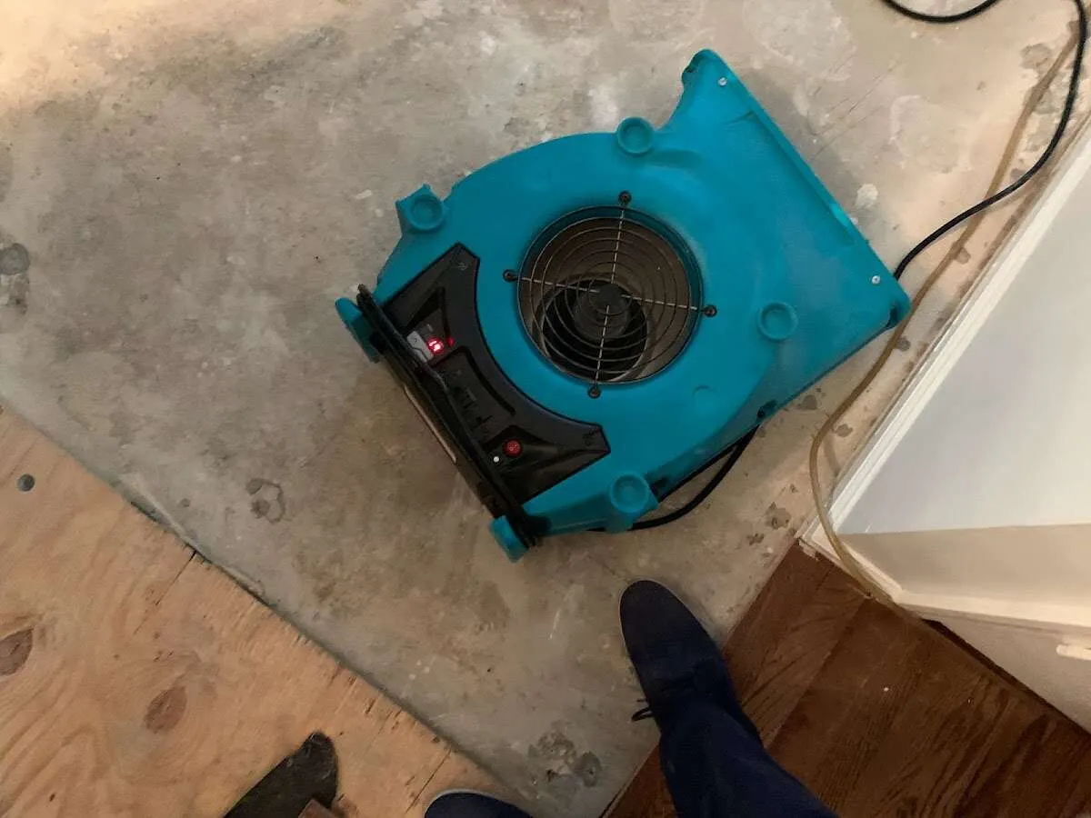 Air mover drying subfloor during Leak Detection & Repair in South San Francisco